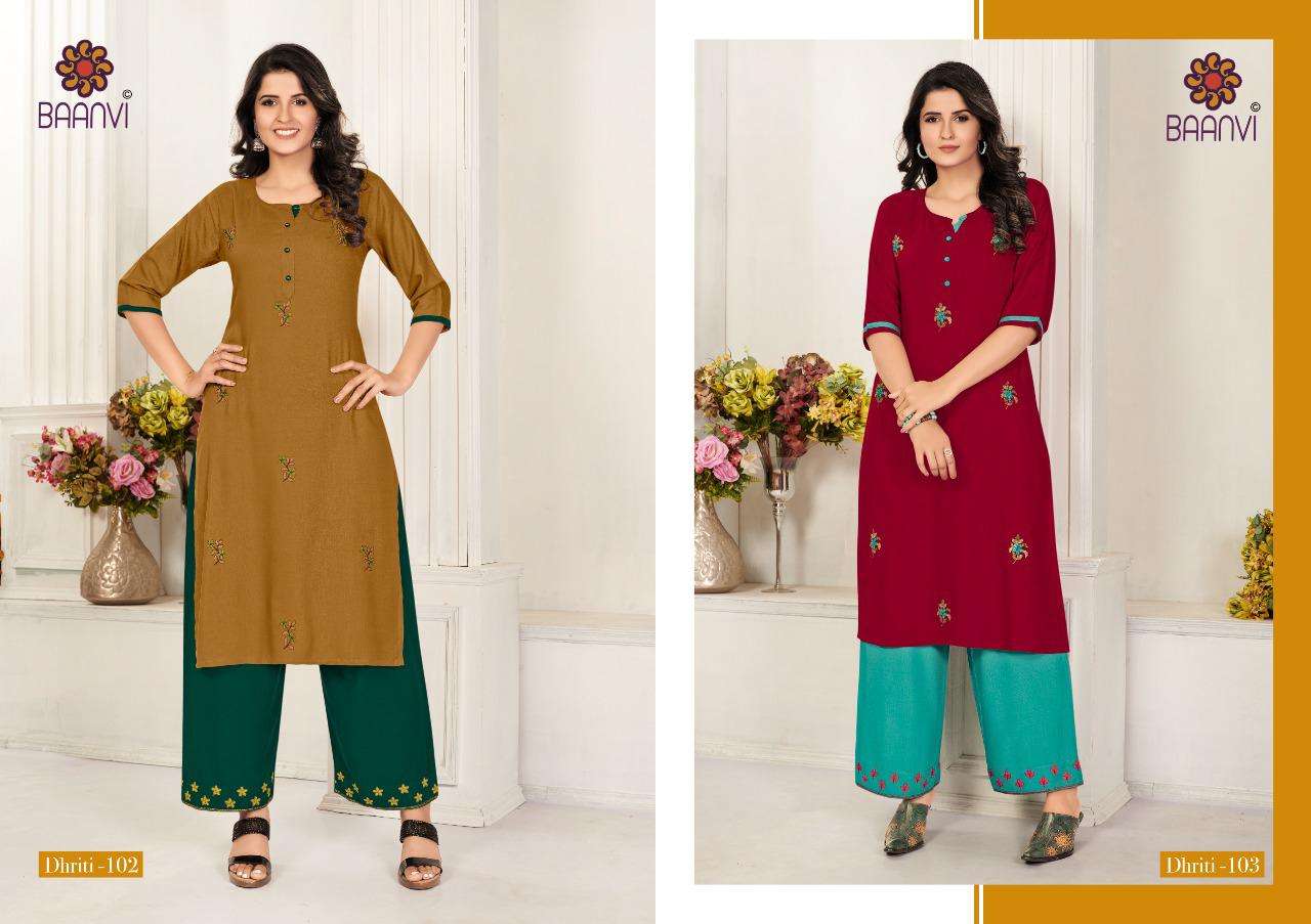 DHRITI BY BAANVI 101 TO 108 SERIES DESIGNER STYLISH FANCY COLORFUL BEAUTIFUL PARTY WEAR & ETHNIC WEAR COLLECTION RAYON SLUB EMBROIDERY KURTIS WITH BOTTOM AT WHOLESALE PRICE