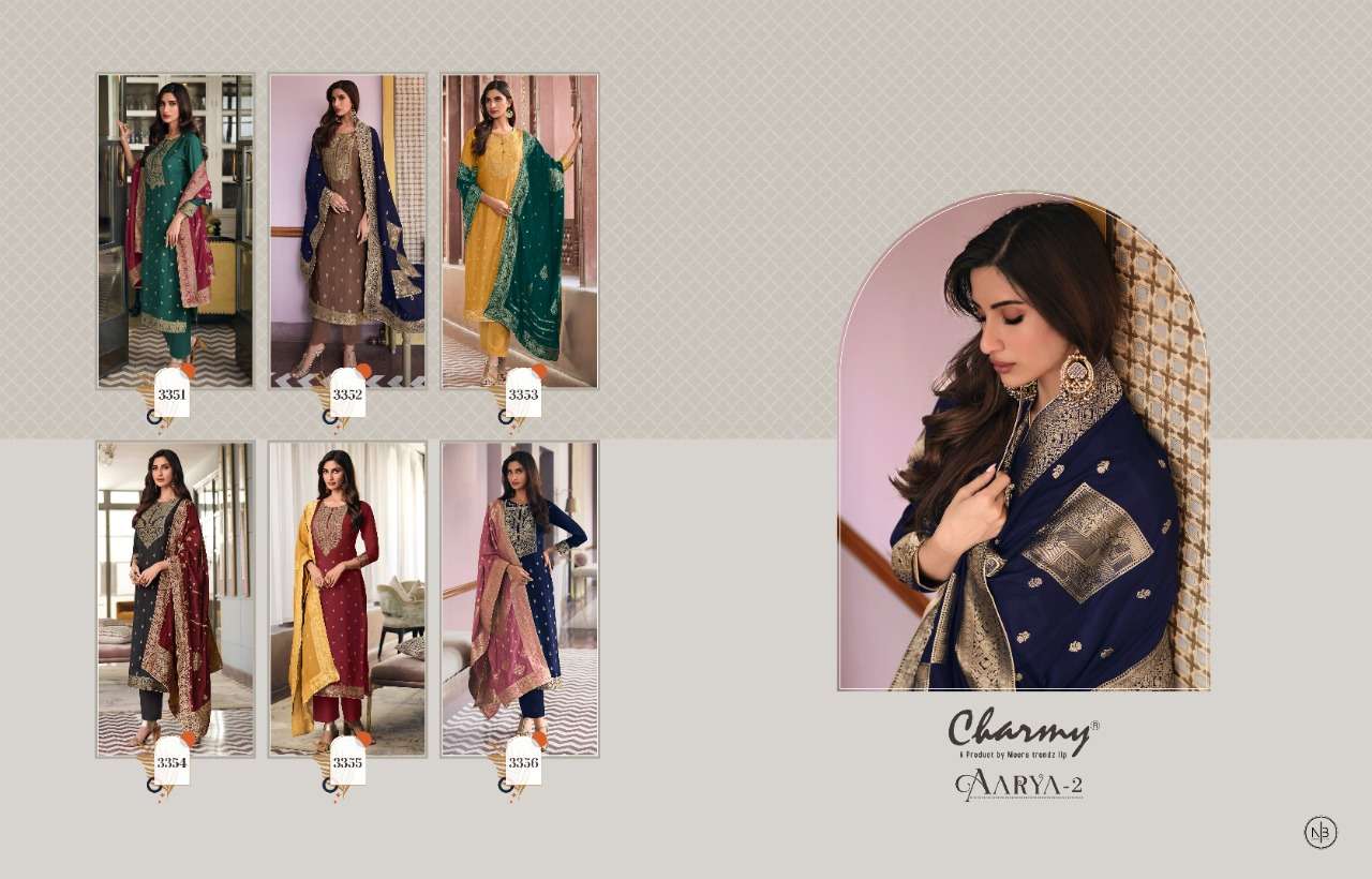 AARYA VOL-2 BY CHARMY 3351 TO 3356 SERIES INDIAN TRADITIONAL WEAR COLLECTION BEAUTIFUL STYLISH FANCY COLORFUL PARTY WEAR & OCCASIONAL WEAR WEAVING SILK JACQUARD DRESSES AT WHOLESALE PRICE