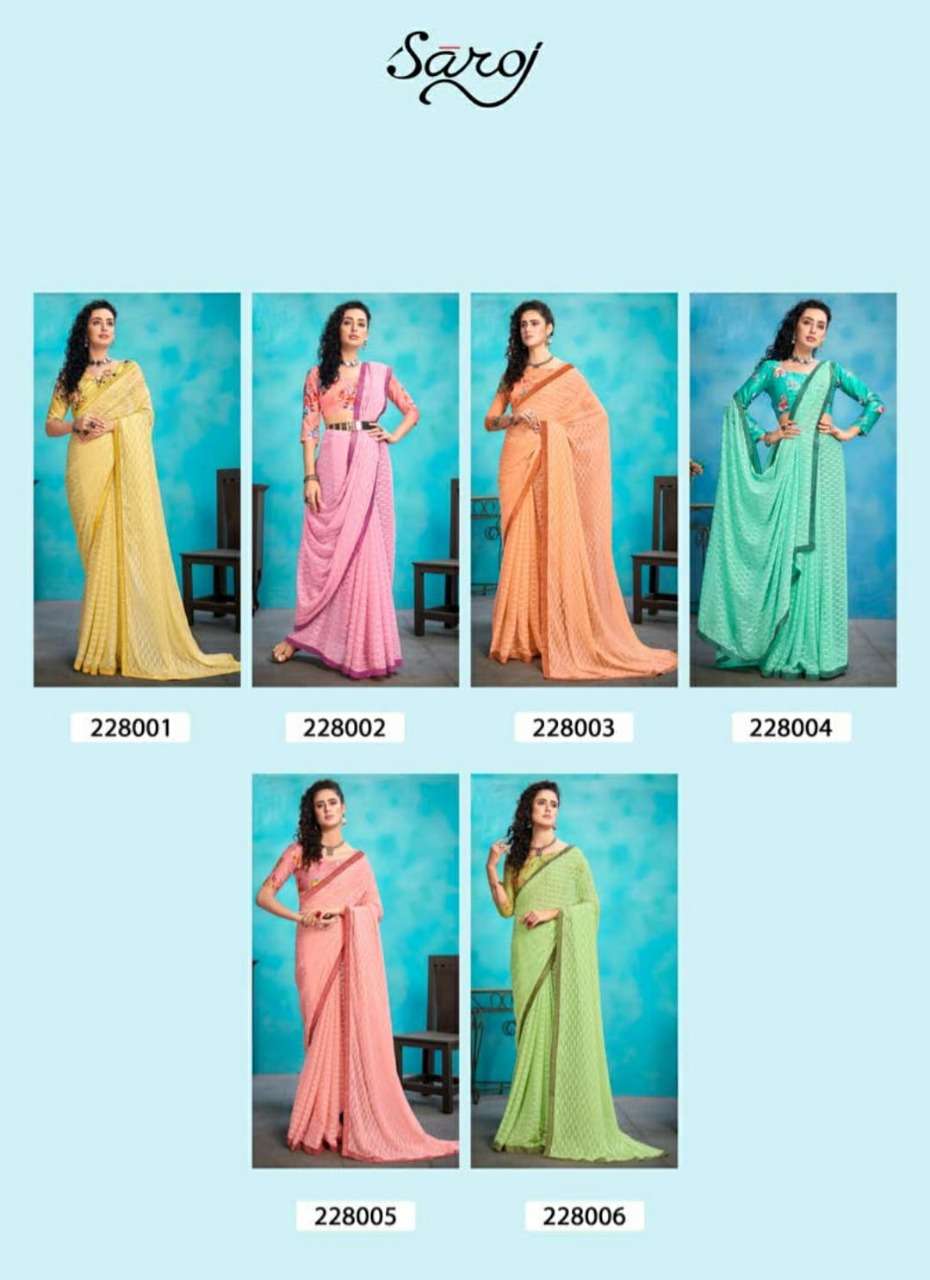 ANJALI BY SAROJ 228001 TO 228006 SERIES INDIAN TRADITIONAL WEAR COLLECTION BEAUTIFUL STYLISH FANCY COLORFUL PARTY WEAR & OCCASIONAL WEAR WEIGHTLESSA GEORGETTE SAREES AT WHOLESALE PRICE