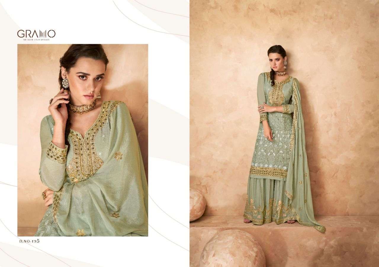 NAVABI VOL-3 BY GRAMO 125 TO 127 SERIES BEAUTIFUL STYLISH SHARARA SUITS FANCY COLORFUL CASUAL WEAR & ETHNIC WEAR & READY TO WEAR HEAVY FAUX GEORGETTE EMBROIDERED DRESSES AT WHOLESALE PRICE