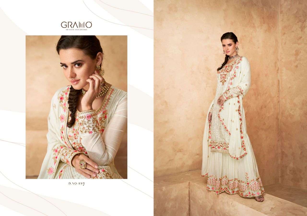 NAVABI VOL-3 BY GRAMO 125 TO 127 SERIES BEAUTIFUL STYLISH SHARARA SUITS FANCY COLORFUL CASUAL WEAR & ETHNIC WEAR & READY TO WEAR HEAVY FAUX GEORGETTE EMBROIDERED DRESSES AT WHOLESALE PRICE