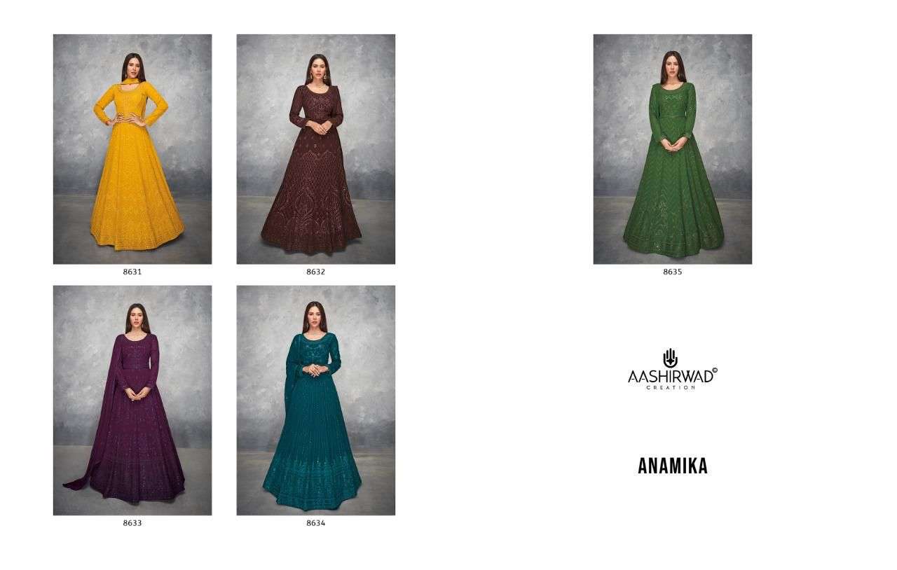 Anamika By Aashirwad Creation 8631 To 8635 Series Beautiful Stylish Anarkali Suits Fancy Colorful Casual Wear & Ethnic Wear & Ready To Wear Real Georgette Dresses At Wholesale Price