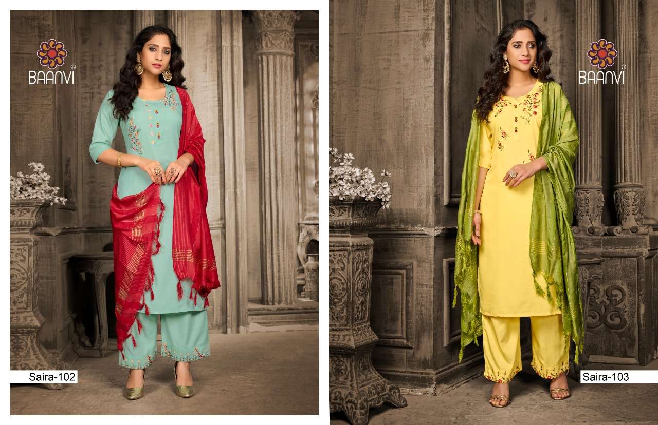 SAIRA BY BAANVI 101 TO 104 SERIES BEAUTIFUL SUITS COLORFUL STYLISH FANCY CASUAL WEAR & ETHNIC WEAR FANCY DRESSES AT WHOLESALE PRICE