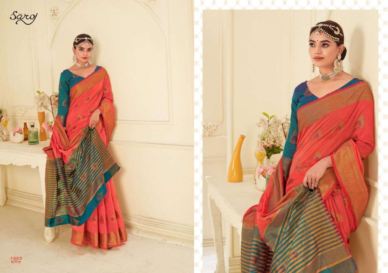 DEEPIKA VOL-2 BY SAROJ 1001 TO 1006 SERIES INDIAN TRADITIONAL WEAR COLLECTION BEAUTIFUL STYLISH FANCY COLORFUL PARTY WEAR & OCCASIONAL WEAR SOFT COTTON SILK SAREES AT WHOLESALE PRICE