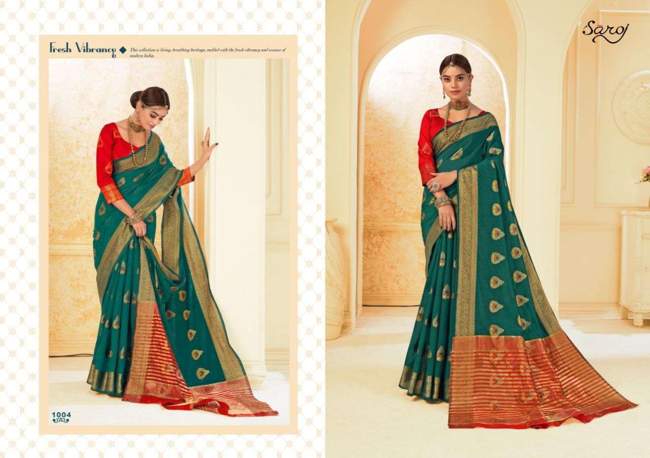 DEEPIKA VOL-2 BY SAROJ 1001 TO 1006 SERIES INDIAN TRADITIONAL WEAR COLLECTION BEAUTIFUL STYLISH FANCY COLORFUL PARTY WEAR & OCCASIONAL WEAR SOFT COTTON SILK SAREES AT WHOLESALE PRICE