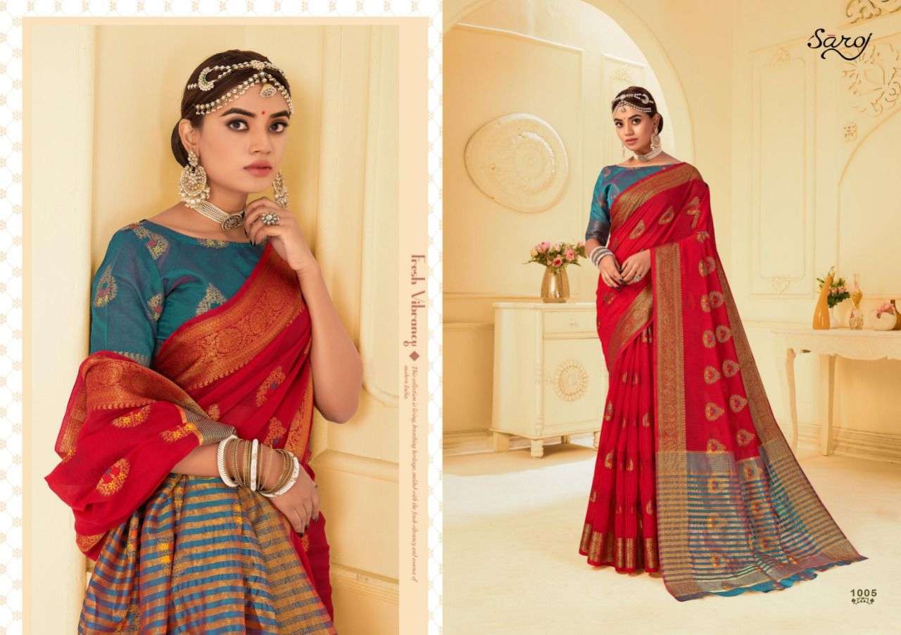 DEEPIKA VOL-2 BY SAROJ 1001 TO 1006 SERIES INDIAN TRADITIONAL WEAR COLLECTION BEAUTIFUL STYLISH FANCY COLORFUL PARTY WEAR & OCCASIONAL WEAR SOFT COTTON SILK SAREES AT WHOLESALE PRICE