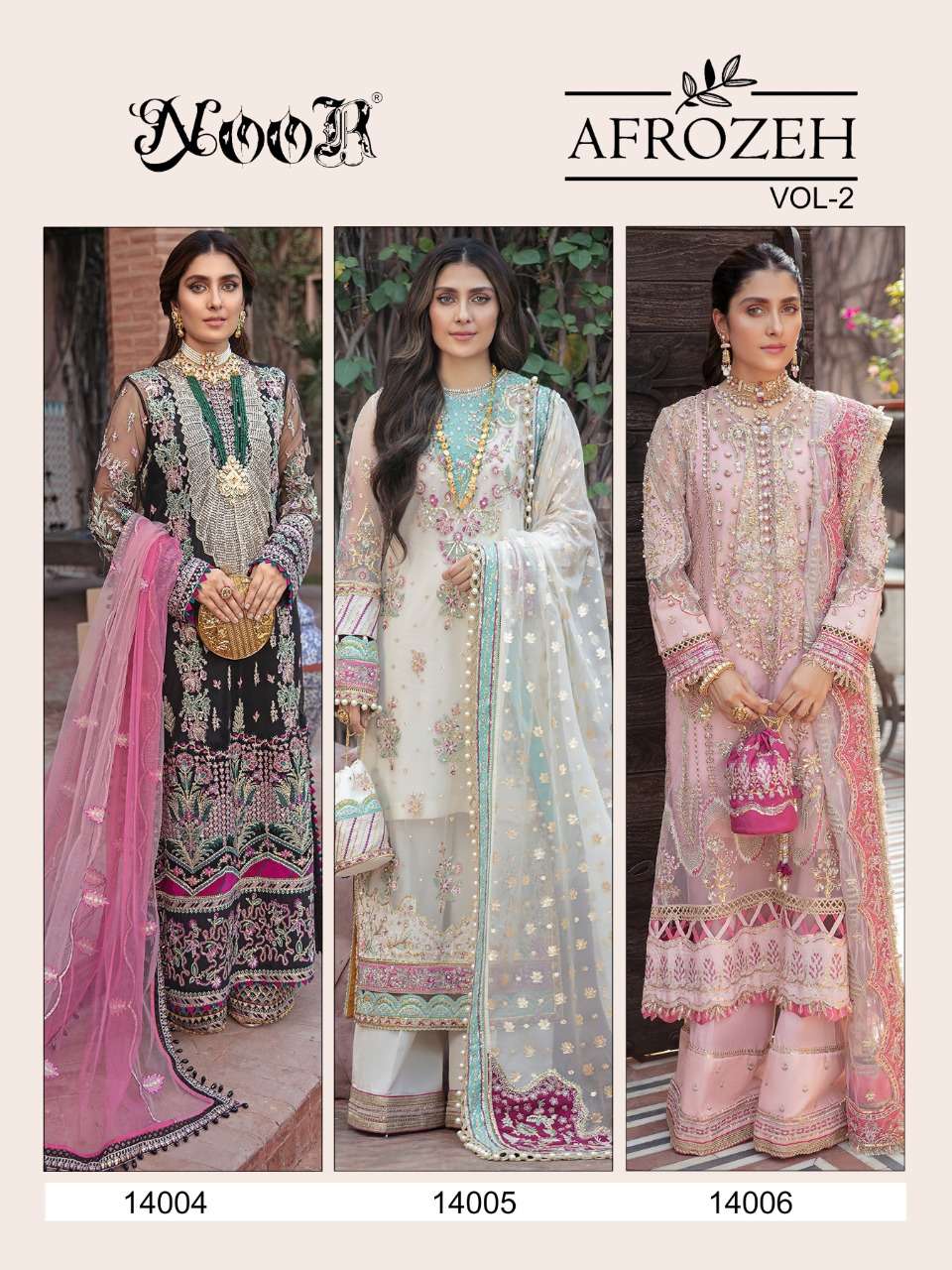 AFROZEH VOL-2 BY NOOR 14004 TO 14006 SERIES BEAUTIFUL STYLISH PAKISATNI SUITS FANCY COLORFUL CASUAL WEAR & ETHNIC WEAR & READY TO WEAR GEORGETTE WITH EMBROIDERY DRESSES AT WHOLESALE PRICE