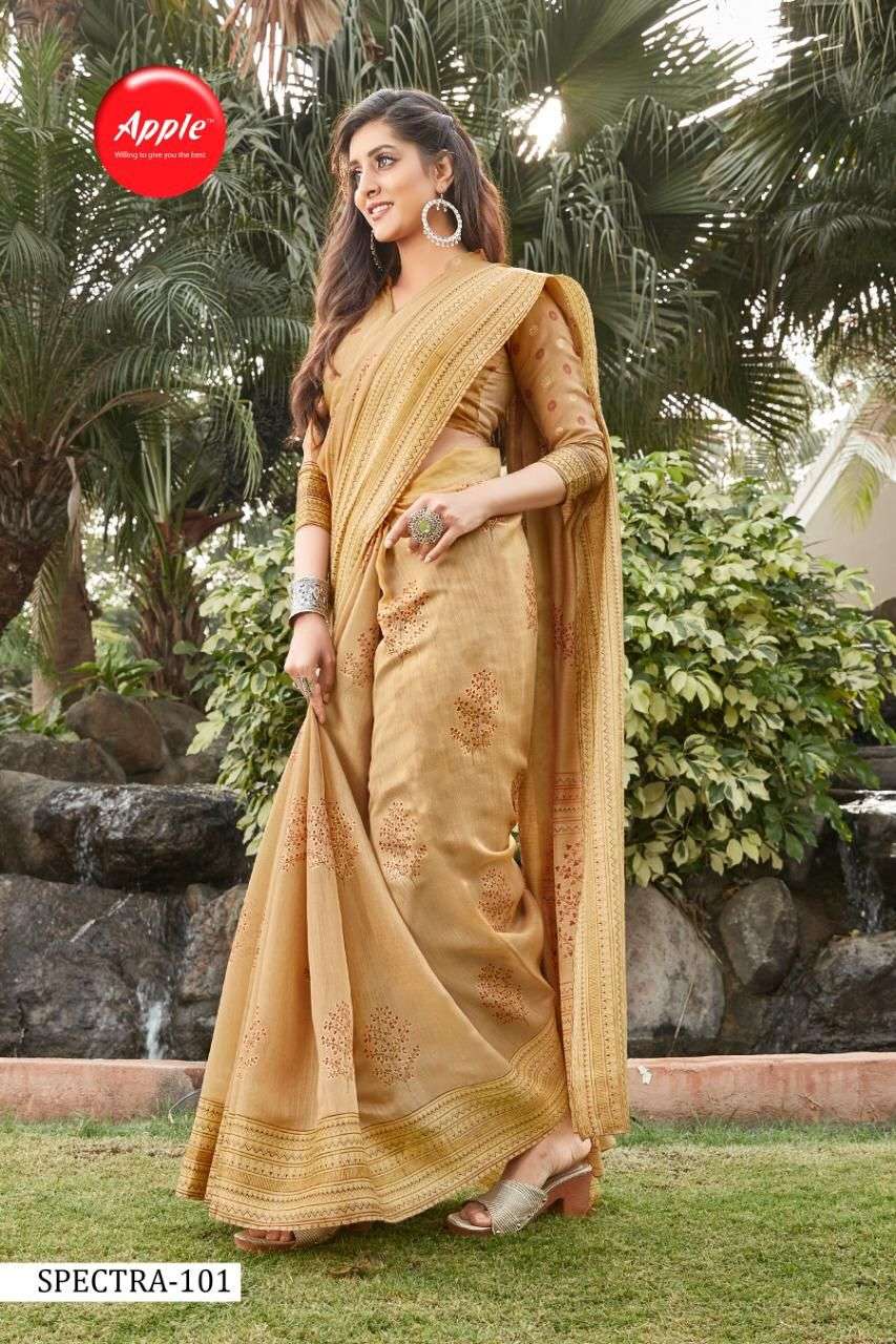 SPECTRA BY APPLE 101 TO 108 SERIES INDIAN TRADITIONAL WEAR COLLECTION BEAUTIFUL STYLISH FANCY COLORFUL PARTY WEAR & OCCASIONAL WEAR SOFT LINEN PRINT SAREES AT WHOLESALE PRICE