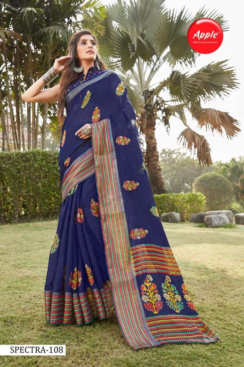SPECTRA BY APPLE 101 TO 108 SERIES INDIAN TRADITIONAL WEAR COLLECTION BEAUTIFUL STYLISH FANCY COLORFUL PARTY WEAR & OCCASIONAL WEAR SOFT LINEN PRINT SAREES AT WHOLESALE PRICE
