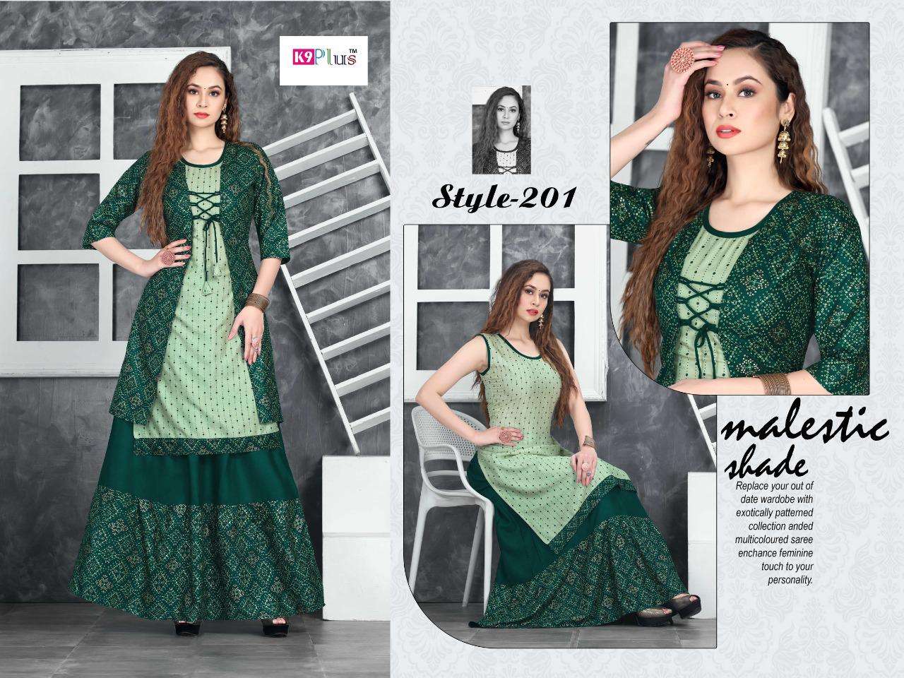 HELLO JACKET BY K9 PLUS 201 TO 208 SERIES DESIGNER STYLISH FANCY COLORFUL BEAUTIFUL PARTY WEAR & ETHNIC WEAR COLLECTION HEAVY RAYON KURTIS WITH BOTTOM AT WHOLESALE PRICE