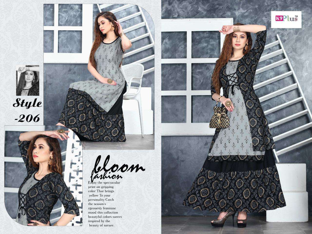 HELLO JACKET BY K9 PLUS 201 TO 208 SERIES DESIGNER STYLISH FANCY COLORFUL BEAUTIFUL PARTY WEAR & ETHNIC WEAR COLLECTION HEAVY RAYON KURTIS WITH BOTTOM AT WHOLESALE PRICE