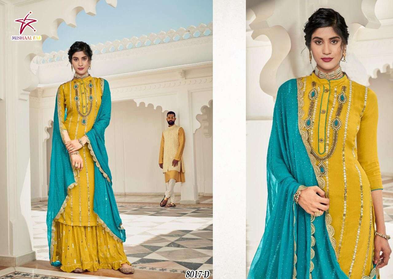 MISHAAL 8017 COLOURS BY MISHAAL FAB 8017-A TO 8017-D SERIES BEAUTIFUL SUITS STYLISH COLORFUL FANCY CASUAL WEAR & ETHNIC WEAR HEAVY GEORGETTE EMBROIDERED DRESSES AT WHOLESALE PRICE