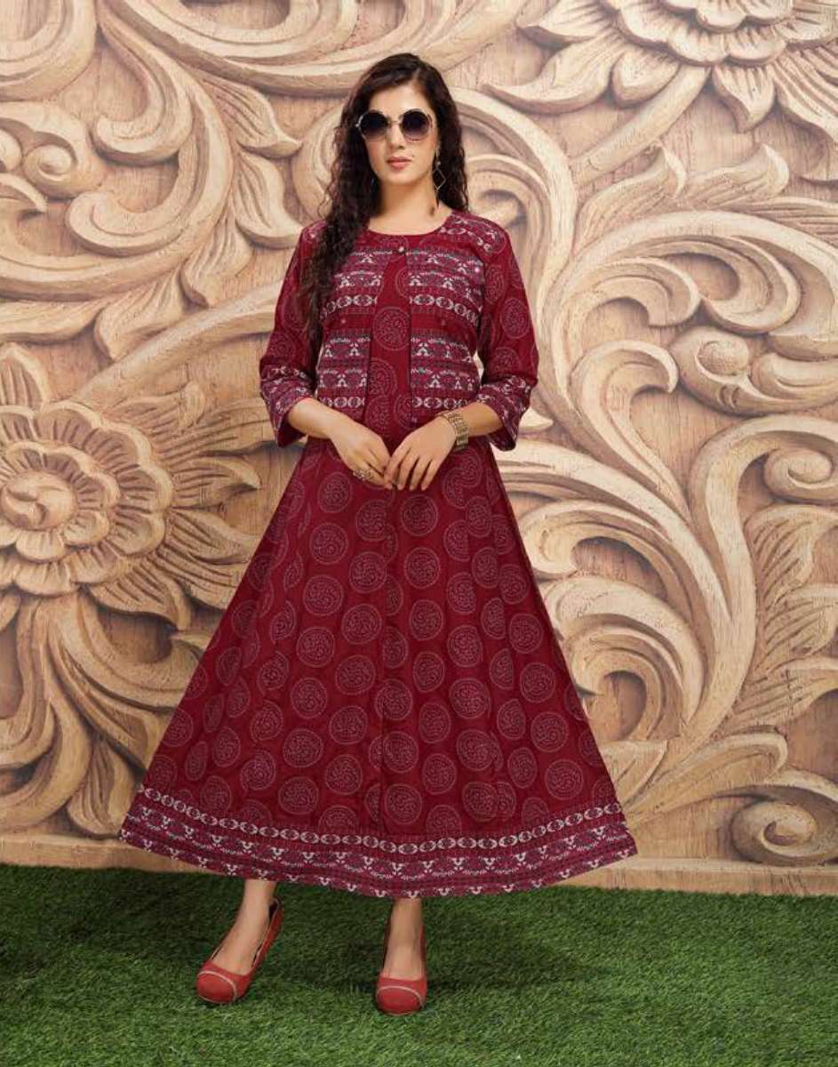 BITCOIN BY ANJALI NX 1001 TO 1008 SERIES DESIGNER STYLISH FANCY COLORFUL BEAUTIFUL PARTY WEAR & ETHNIC WEAR COLLECTION RAYON PRINT KURTIS WITH JACKETS AT WHOLESALE PRICE