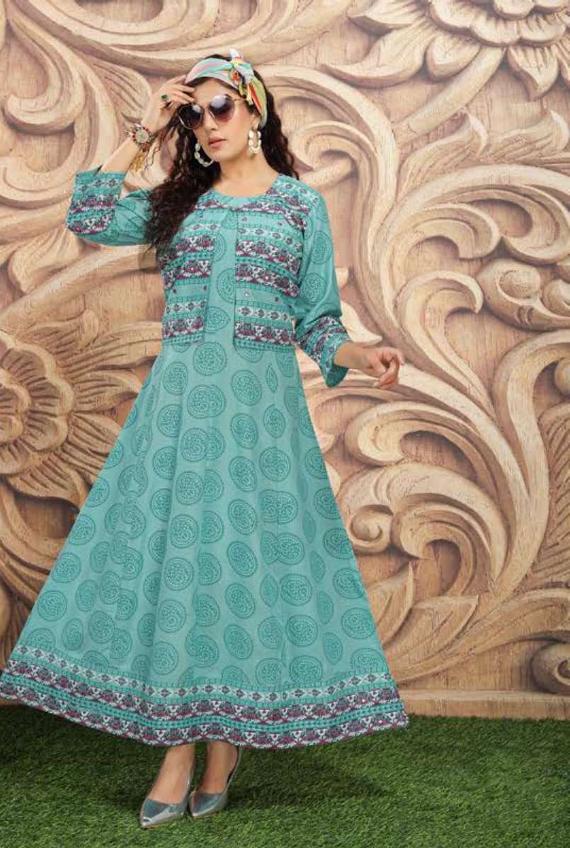 BITCOIN BY ANJALI NX 1001 TO 1008 SERIES DESIGNER STYLISH FANCY COLORFUL BEAUTIFUL PARTY WEAR & ETHNIC WEAR COLLECTION RAYON PRINT KURTIS WITH JACKETS AT WHOLESALE PRICE