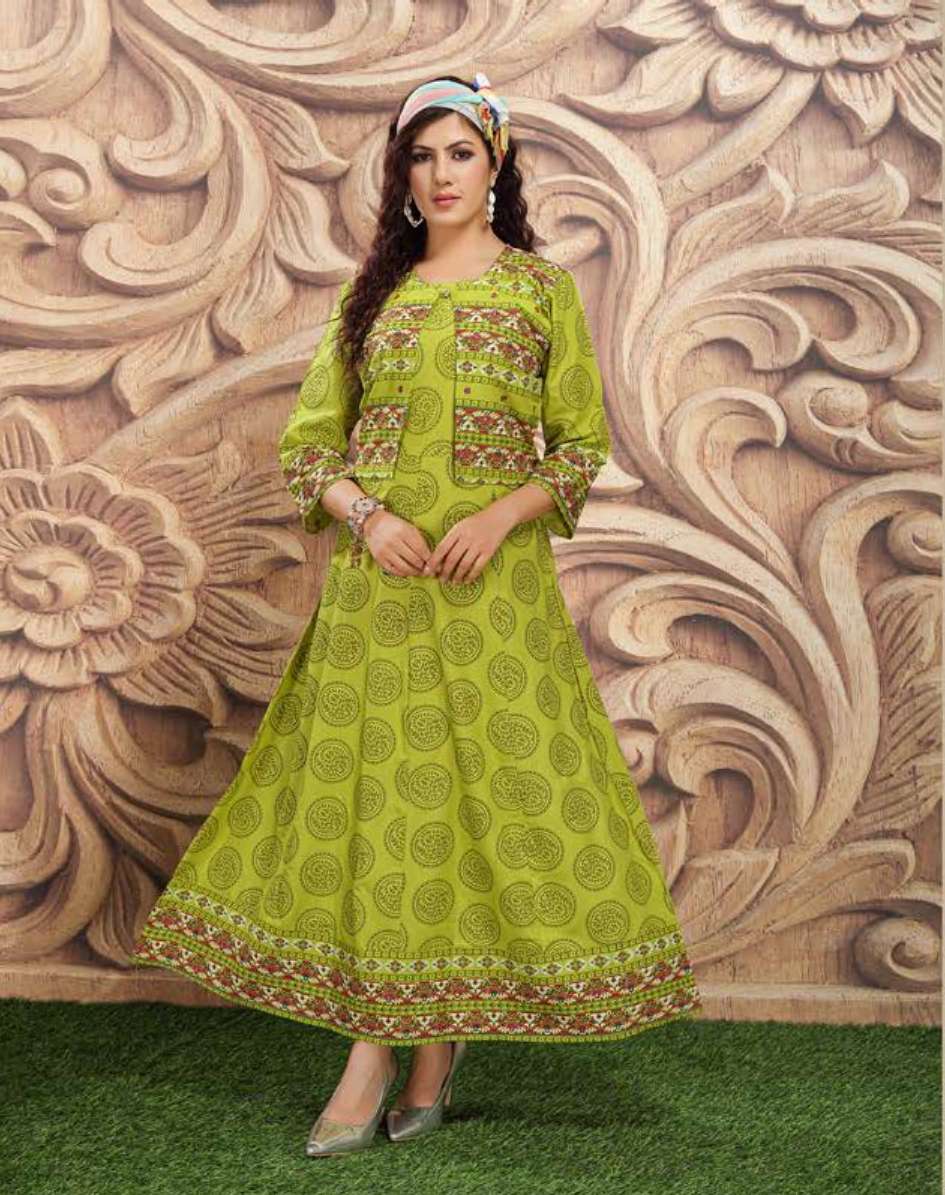 BITCOIN BY ANJALI NX 1001 TO 1008 SERIES DESIGNER STYLISH FANCY COLORFUL BEAUTIFUL PARTY WEAR & ETHNIC WEAR COLLECTION RAYON PRINT KURTIS WITH JACKETS AT WHOLESALE PRICE