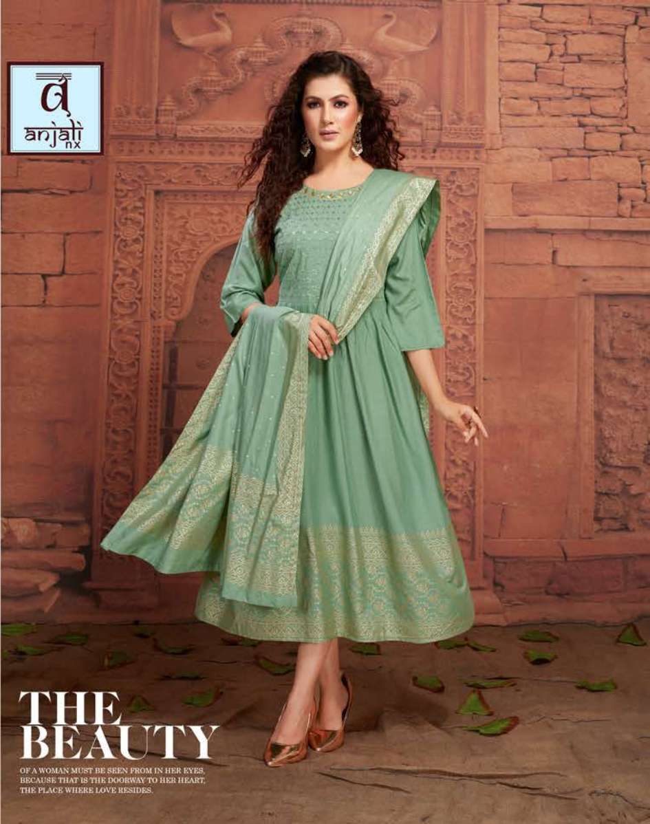 SHANAYA BY ANJALI NX 101 TO 108 SERIES BEAUTIFUL STYLISH FANCY COLORFUL CASUAL WEAR & ETHNIC WEAR RAYON WITH WORK GOWNS WITH DUPATTA AT WHOLESALE PRICE