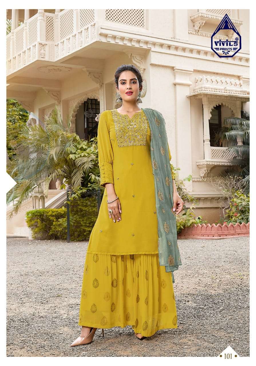 RIVAAZ VOL-3 BY VIVILS PRINT 101 TO 105 SERIES BEAUTIFUL SHARARA SUITS COLORFUL STYLISH FANCY CASUAL WEAR & ETHNIC WEAR PURE GEORGETTE DRESSES AT WHOLESALE PRICE