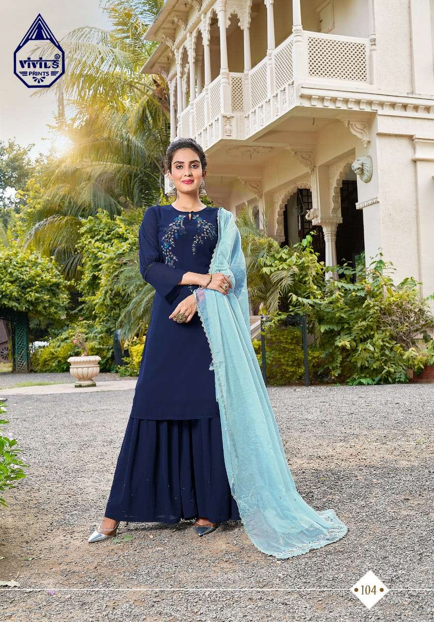 RIVAAZ VOL-3 BY VIVILS PRINT 101 TO 105 SERIES BEAUTIFUL SHARARA SUITS COLORFUL STYLISH FANCY CASUAL WEAR & ETHNIC WEAR PURE GEORGETTE DRESSES AT WHOLESALE PRICE