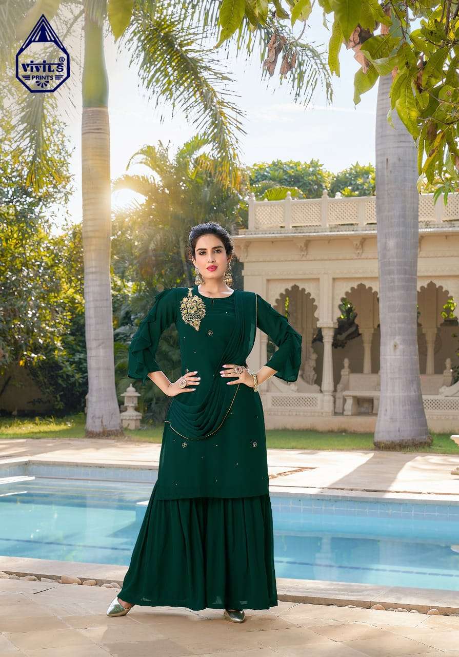 RIVAAZ VOL-3 BY VIVILS PRINT 101 TO 105 SERIES BEAUTIFUL SHARARA SUITS COLORFUL STYLISH FANCY CASUAL WEAR & ETHNIC WEAR PURE GEORGETTE DRESSES AT WHOLESALE PRICE