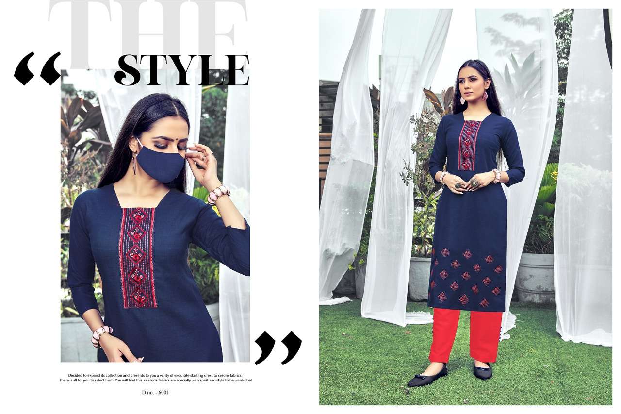 CHINGARI VOL-6 BY NITISHA NX 6001 TO 6008 SERIES BEAUTIFUL STYLISH FANCY COLORFUL CASUAL WEAR & ETHNIC WEAR & READY TO WEAR HEAVY SOFT COTTON SLUB EMBROIDERED KURTIS WITH MASK AT WHOLESALE PRICE