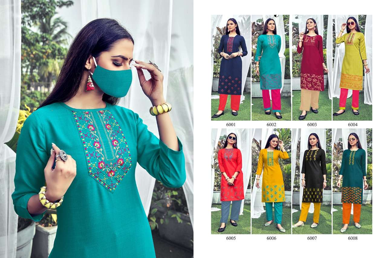 CHINGARI VOL-6 BY NITISHA NX 6001 TO 6008 SERIES BEAUTIFUL STYLISH FANCY COLORFUL CASUAL WEAR & ETHNIC WEAR & READY TO WEAR HEAVY SOFT COTTON SLUB EMBROIDERED KURTIS WITH MASK AT WHOLESALE PRICE