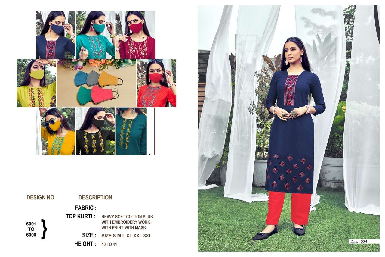 CHINGARI VOL-6 BY NITISHA NX 6001 TO 6008 SERIES BEAUTIFUL STYLISH FANCY COLORFUL CASUAL WEAR & ETHNIC WEAR & READY TO WEAR HEAVY SOFT COTTON SLUB EMBROIDERED KURTIS WITH MASK AT WHOLESALE PRICE