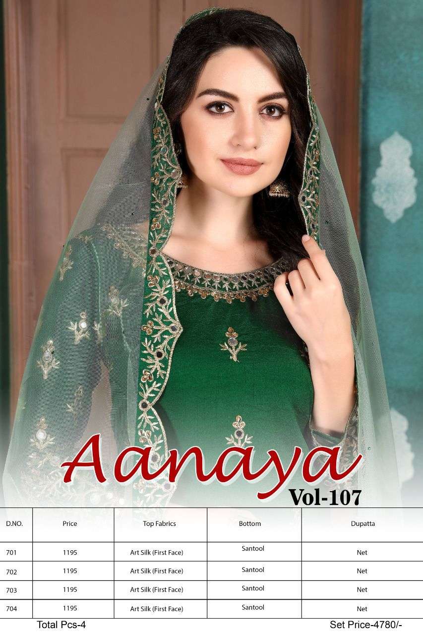 Aanaya Vol-107 By Twisha 701 To 704 Series Beautiful Patiyala Suits Stylish Fancy Colorful Party Wear & Occasional Wear Art Silk Embroidery Dresses At Wholesale Price