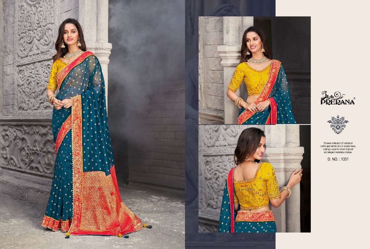 PRERANA 1301 SERIES BY PRERANA 1301 TO 1309 SERIES INDIAN TRADITIONAL WEAR COLLECTION BEAUTIFUL STYLISH FANCY COLORFUL PARTY WEAR & OCCASIONAL WEAR BANARASI SILK SAREES AT WHOLESALE PRICE