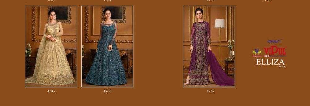 ELLIZA VOL-2 NX BY VIPUL FASHION 4735 TO 4737 SERIES DESIGNER WEDDING COLLECTION BEAUTIFUL STYLISH FANCY COLORFUL PARTY WEAR & OCCASIONAL WEAR NET EMBROIDERED DRESSES AT WHOLESALE PRICE