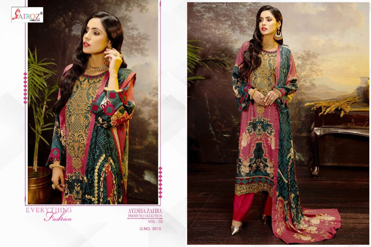 AYESHA ZAHRA PREMIUM COLLECTION VOL-2 BY SAIROZ FABS 3009 TO 3012 SERIES BEAUTIFUL SUITS STYLISH COLORFUL FANCY CASUAL WEAR & ETHNIC WEAR COTTON DIGITAL PRINT EMBROIDERED DRESSES AT WHOLESALE PRICE