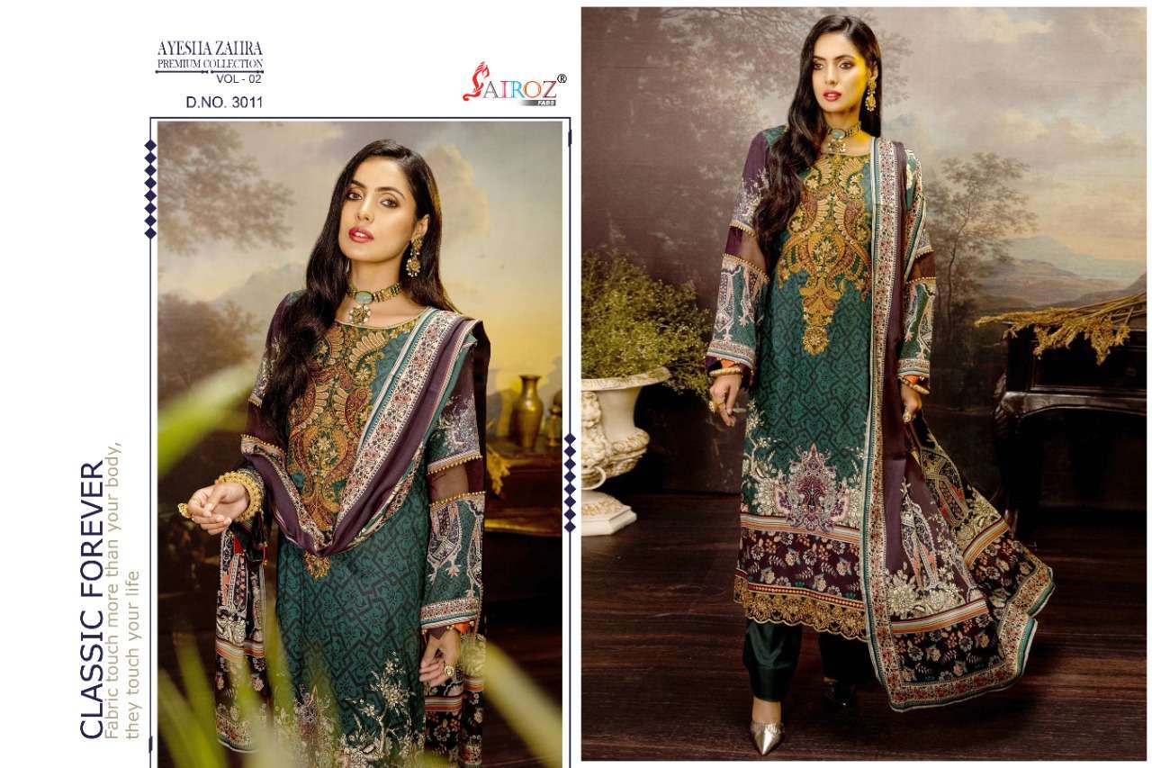 AYESHA ZAHRA PREMIUM COLLECTION VOL-2 BY SAIROZ FABS 3009 TO 3012 SERIES BEAUTIFUL SUITS STYLISH COLORFUL FANCY CASUAL WEAR & ETHNIC WEAR COTTON DIGITAL PRINT EMBROIDERED DRESSES AT WHOLESALE PRICE