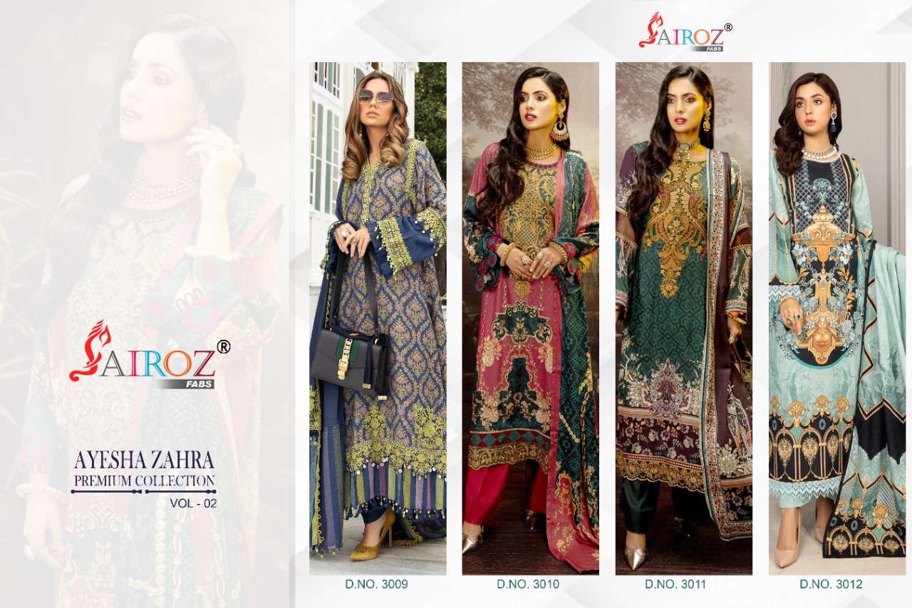 AYESHA ZAHRA PREMIUM COLLECTION VOL-2 BY SAIROZ FABS 3009 TO 3012 SERIES BEAUTIFUL SUITS STYLISH COLORFUL FANCY CASUAL WEAR & ETHNIC WEAR COTTON DIGITAL PRINT EMBROIDERED DRESSES AT WHOLESALE PRICE