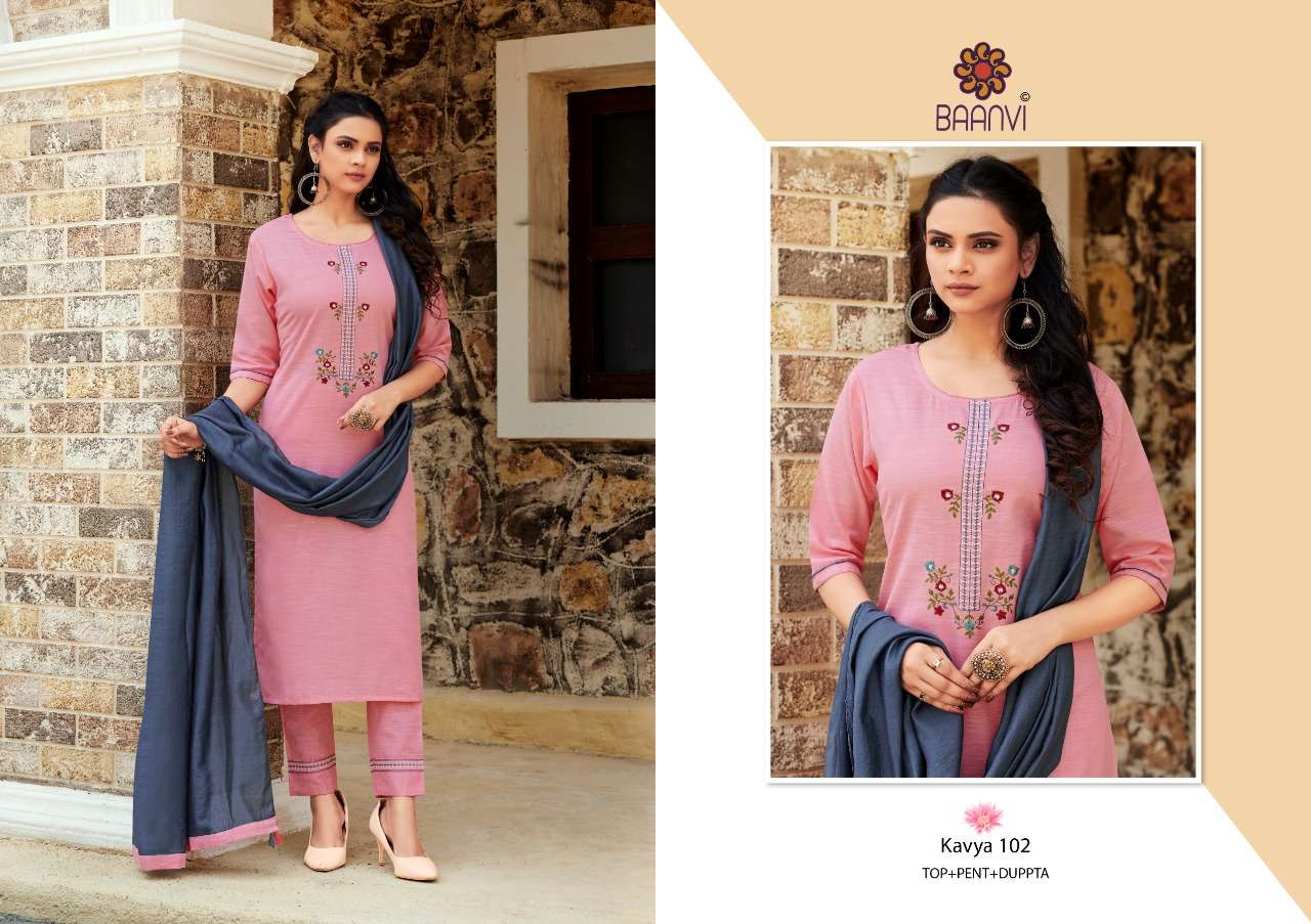 KAVYA BY BAANVI 101 TO 106 SERIES BEAUTIFUL SUITS COLORFUL STYLISH FANCY CASUAL WEAR & ETHNIC WEAR HEAVY COTTON EMBROIDERED DRESSES AT WHOLESALE PRICE