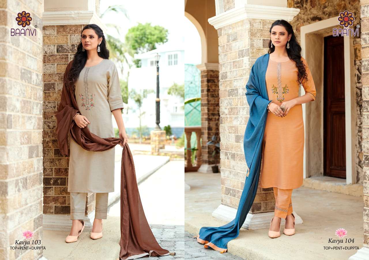 KAVYA BY BAANVI 101 TO 106 SERIES BEAUTIFUL SUITS COLORFUL STYLISH FANCY CASUAL WEAR & ETHNIC WEAR HEAVY COTTON EMBROIDERED DRESSES AT WHOLESALE PRICE