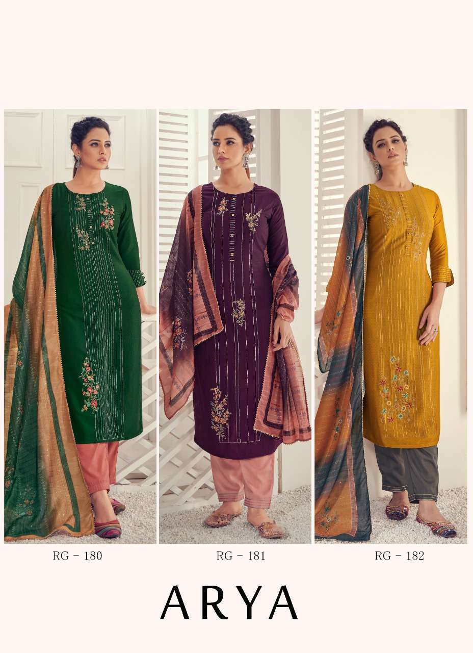 ARYA BY VASTRIKAA 177 TO 182 SERIES BEAUTIFUL SUITS COLORFUL STYLISH FANCY CASUAL WEAR & ETHNIC WEAR HINNON DOBBY EMBROIDERED DRESSES AT WHOLESALE PRICE