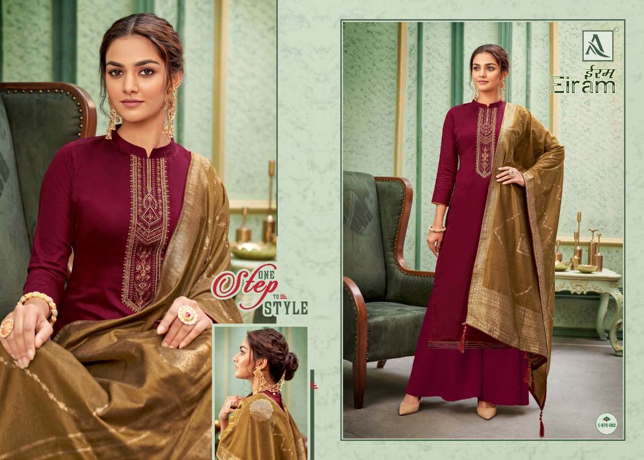 EIRAM BY ALOK SUITS 870-001 TO 870-008 SERIES INDIAN TRADITIONAL WEAR COLLECTION BEAUTIFUL STYLISH FANCY COLORFUL PARTY WEAR & OCCASIONAL WEAR PURE COTTON EMBROIDERED DRESSES AT WHOLESALE PRICE