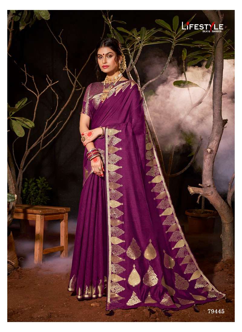 VINTAGE SILK BY LIFESTYLE 79441 TO 79446 SERIES INDIAN TRADITIONAL WEAR COLLECTION BEAUTIFUL STYLISH FANCY COLORFUL PARTY WEAR & OCCASIONAL WEAR CHANDERI SILK SAREES AT WHOLESALE PRICE