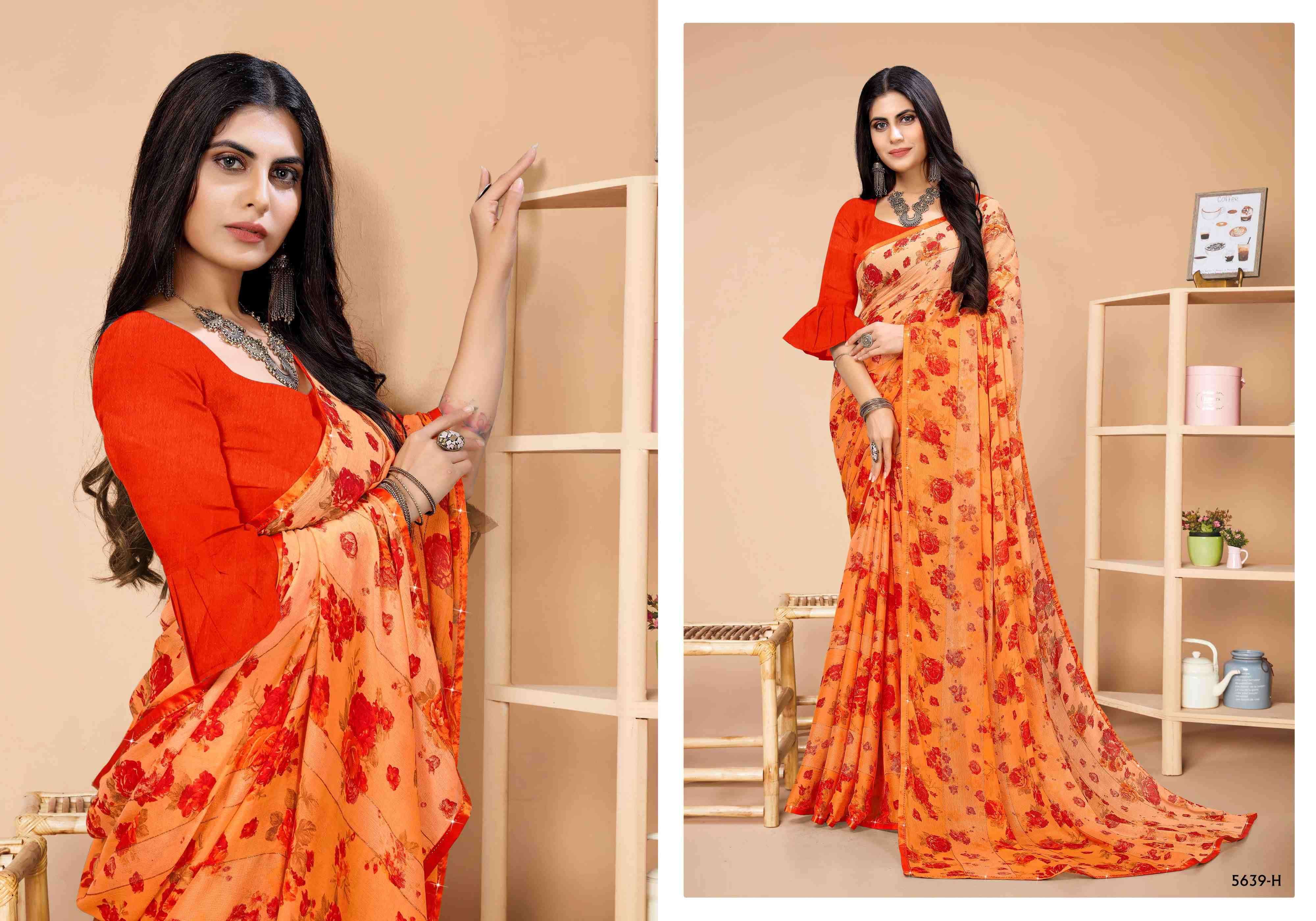 GULABO BY BARGAD 5639-A TO 5639-H SERIES INDIAN TRADITIONAL WEAR COLLECTION BEAUTIFUL STYLISH FANCY COLORFUL PARTY WEAR & OCCASIONAL WEAR BRASSO PRINT SAREES AT WHOLESALE PRICE