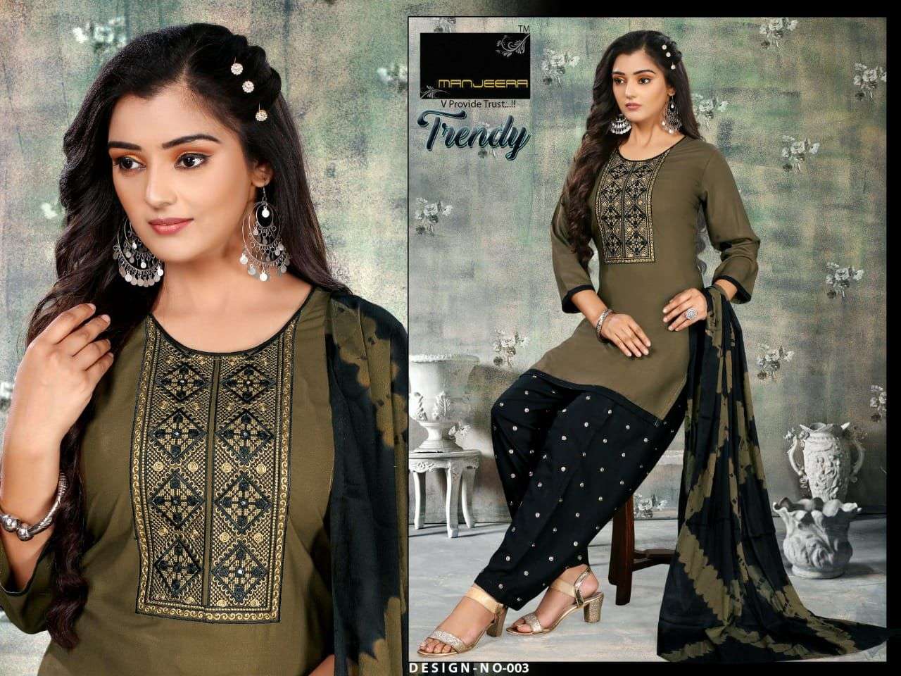 TRENDY BY MANJEERA 001 TO 008 SERIES BEAUTIFUL PATIYALA SUITS COLORFUL STYLISH FANCY CASUAL WEAR & ETHNIC WEAR RAYON WITH WORK DRESSES AT WHOLESALE PRICE