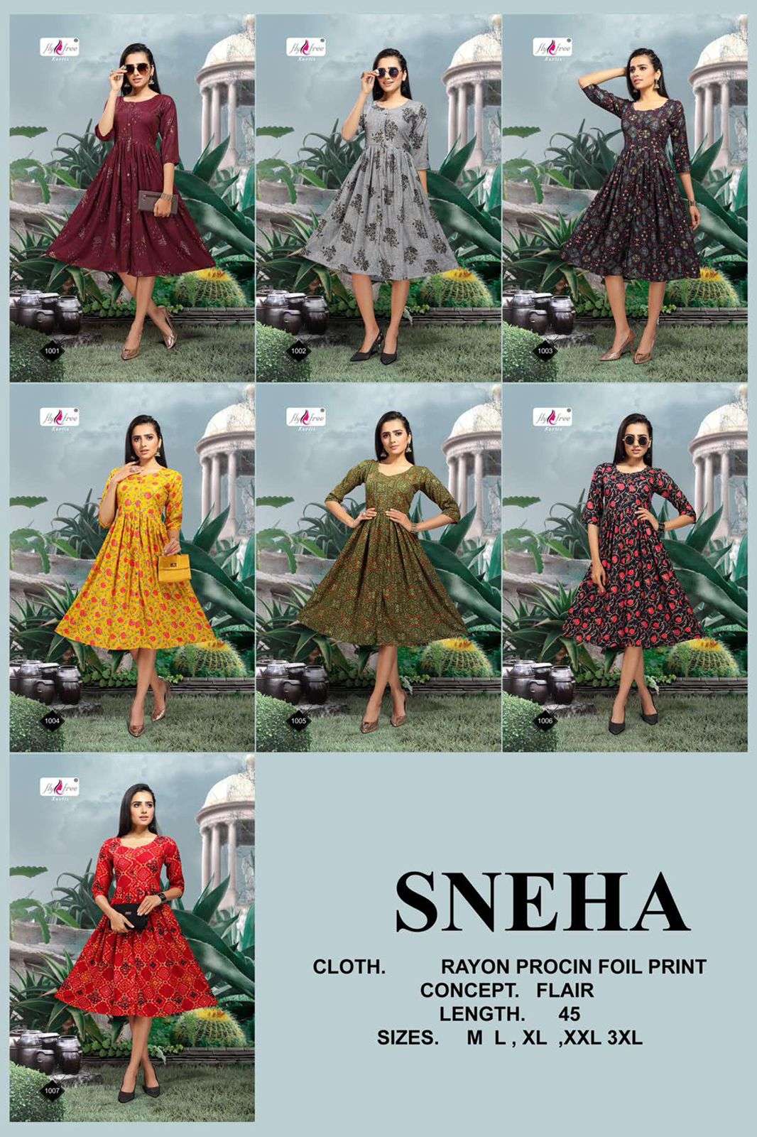SNEHA BY FLY FREE 1001 TO 1007 SERIES DESIGNER STYLISH FANCY COLORFUL BEAUTIFUL PARTY WEAR & ETHNIC WEAR COLLECTION RAYON FOIL PRINT KURTIS AT WHOLESALE PRICE