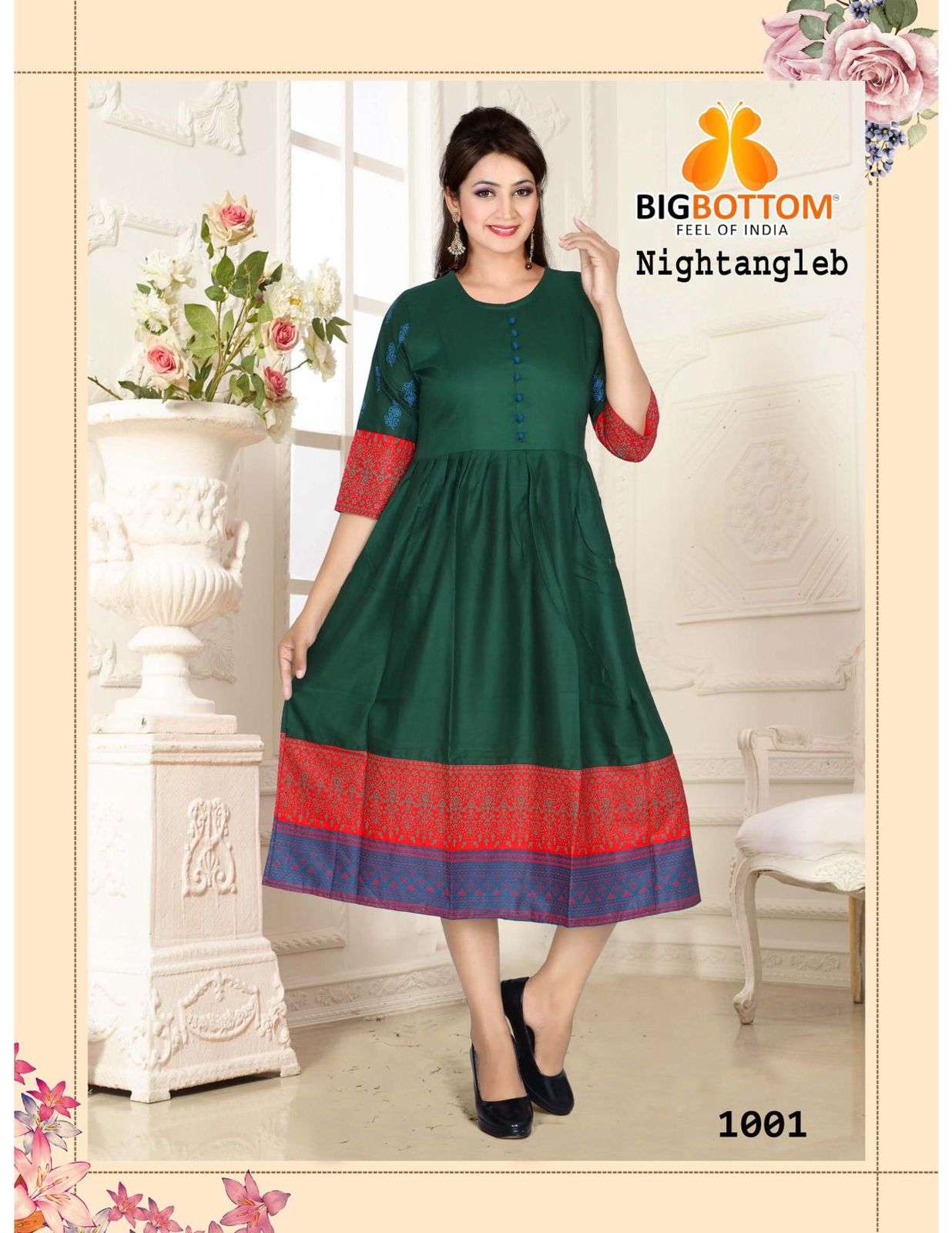 NIGHTANGLE BY BIG BOTTOM 1001 TO 1006 SERIES DESIGNER STYLISH FANCY COLORFUL BEAUTIFUL PARTY WEAR & ETHNIC WEAR COLLECTION RAYON FOIL PRINT KURTIS AT WHOLESALE PRICE