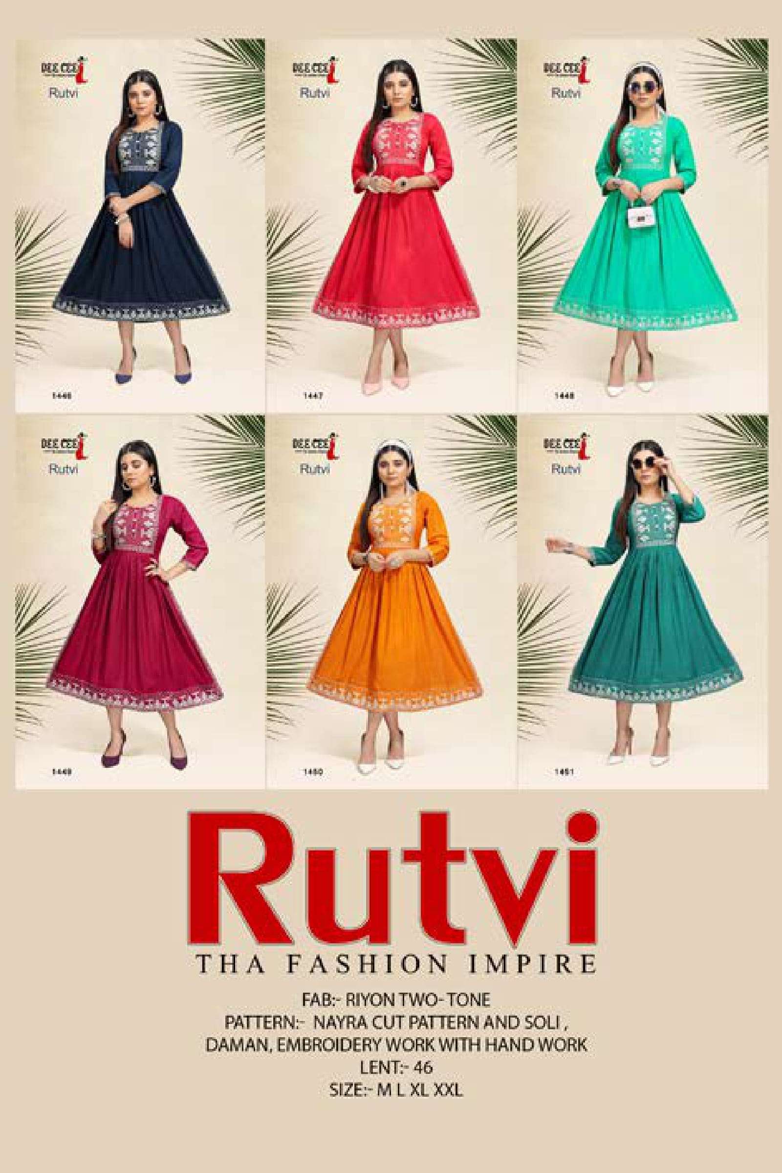 RUTVI BY DEE CEE 1446 TO 1451 SERIES DESIGNER STYLISH FANCY COLORFUL BEAUTIFUL PARTY WEAR & ETHNIC WEAR COLLECTION RAYON EMBROIDERY KURTIS AT WHOLESALE PRICE