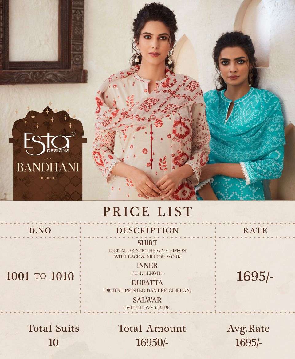BANDHANI BY ESTA DESIGNS 1001 TO 1010 SERIES BEAUTIFUL SUITS COLORFUL STYLISH FANCY CASUAL WEAR & ETHNIC WEAR HEAVY CHIFFON DIGITAL PRINT DRESSES AT WHOLESALE PRICE