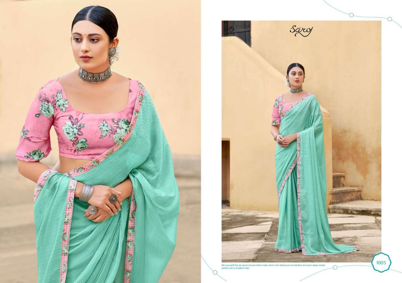 ALLISHA BY SAROJ 1001 TO 1006 SERIES INDIAN TRADITIONAL WEAR COLLECTION BEAUTIFUL STYLISH FANCY COLORFUL PARTY WEAR & OCCASIONAL WEAR WEIGHTLESS SAREES AT WHOLESALE PRICE