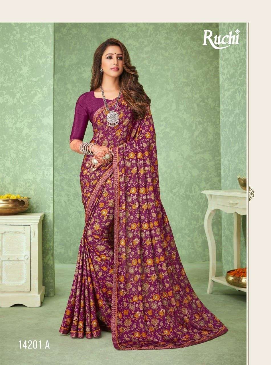 RAAGINI BY RUCHI SAREES 14201-A TO 14206-B SERIES INDIAN TRADITIONAL WEAR COLLECTION BEAUTIFUL STYLISH FANCY COLORFUL PARTY WEAR & OCCASIONAL WEAR SILK CREPE SAREES AT WHOLESALE PRICE