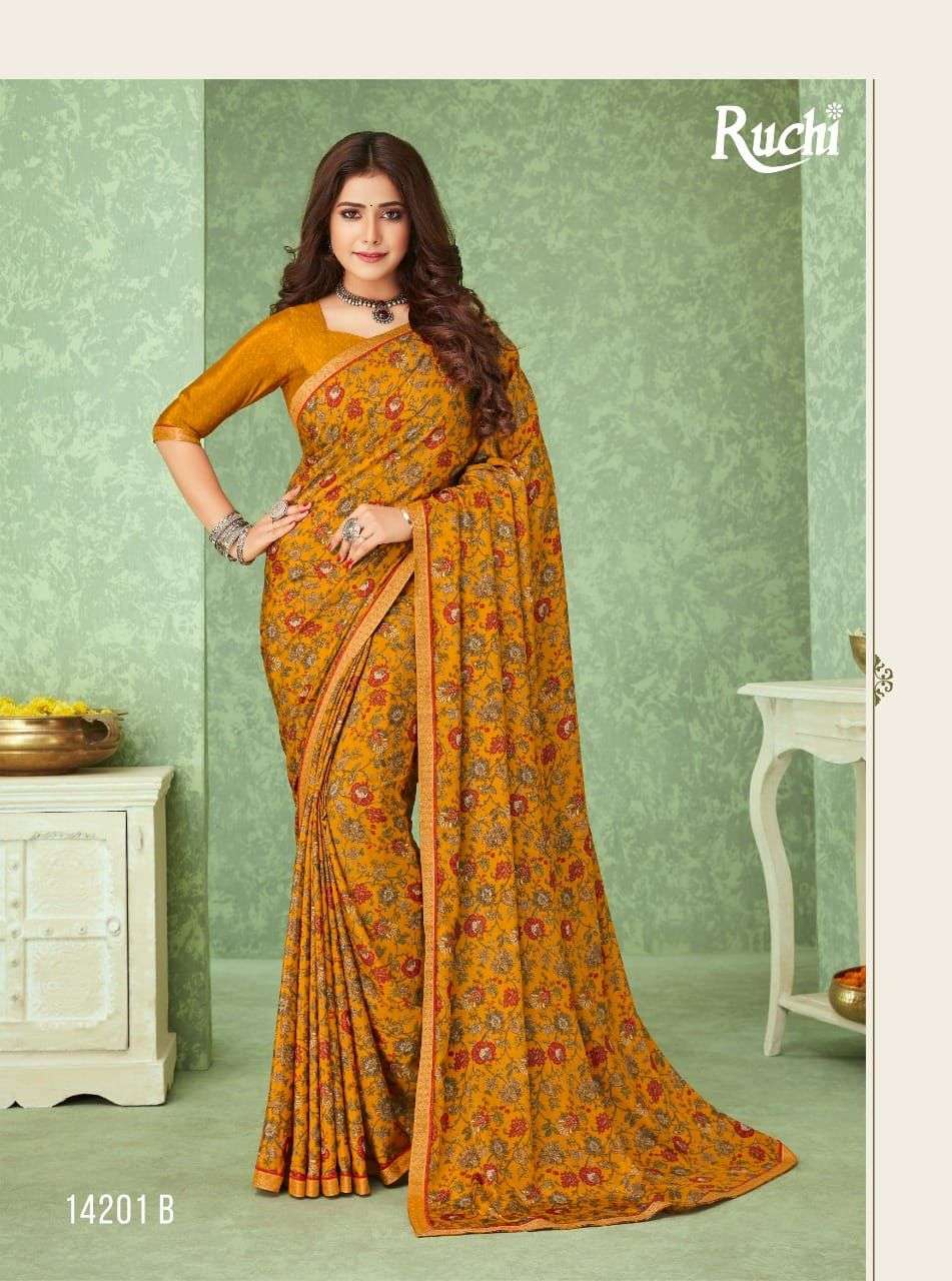 RAAGINI BY RUCHI SAREES 14201-A TO 14206-B SERIES INDIAN TRADITIONAL WEAR COLLECTION BEAUTIFUL STYLISH FANCY COLORFUL PARTY WEAR & OCCASIONAL WEAR SILK CREPE SAREES AT WHOLESALE PRICE