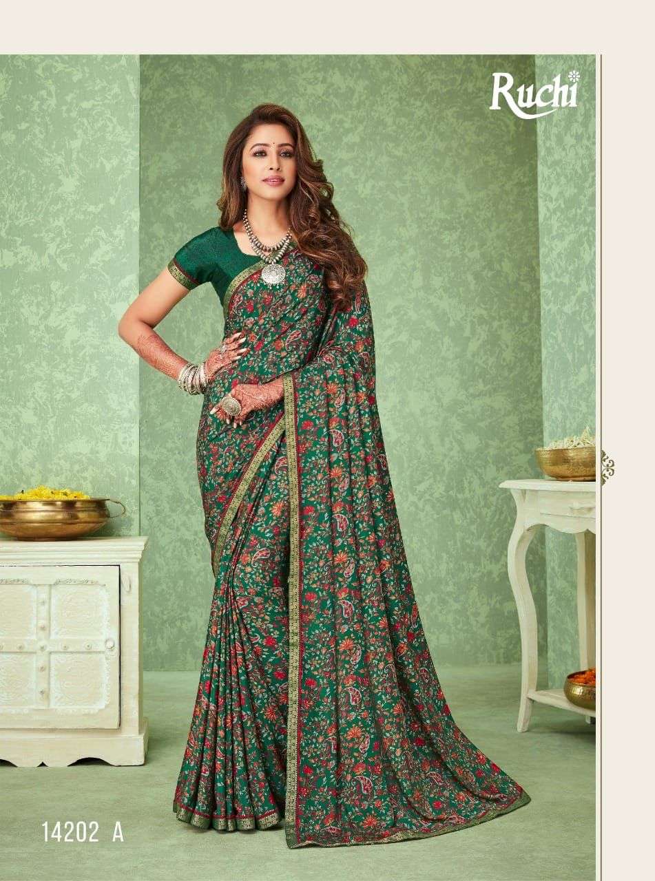 RAAGINI BY RUCHI SAREES 14201-A TO 14206-B SERIES INDIAN TRADITIONAL WEAR COLLECTION BEAUTIFUL STYLISH FANCY COLORFUL PARTY WEAR & OCCASIONAL WEAR SILK CREPE SAREES AT WHOLESALE PRICE