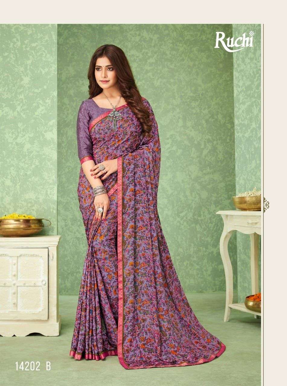 RAAGINI BY RUCHI SAREES 14201-A TO 14206-B SERIES INDIAN TRADITIONAL WEAR COLLECTION BEAUTIFUL STYLISH FANCY COLORFUL PARTY WEAR & OCCASIONAL WEAR SILK CREPE SAREES AT WHOLESALE PRICE