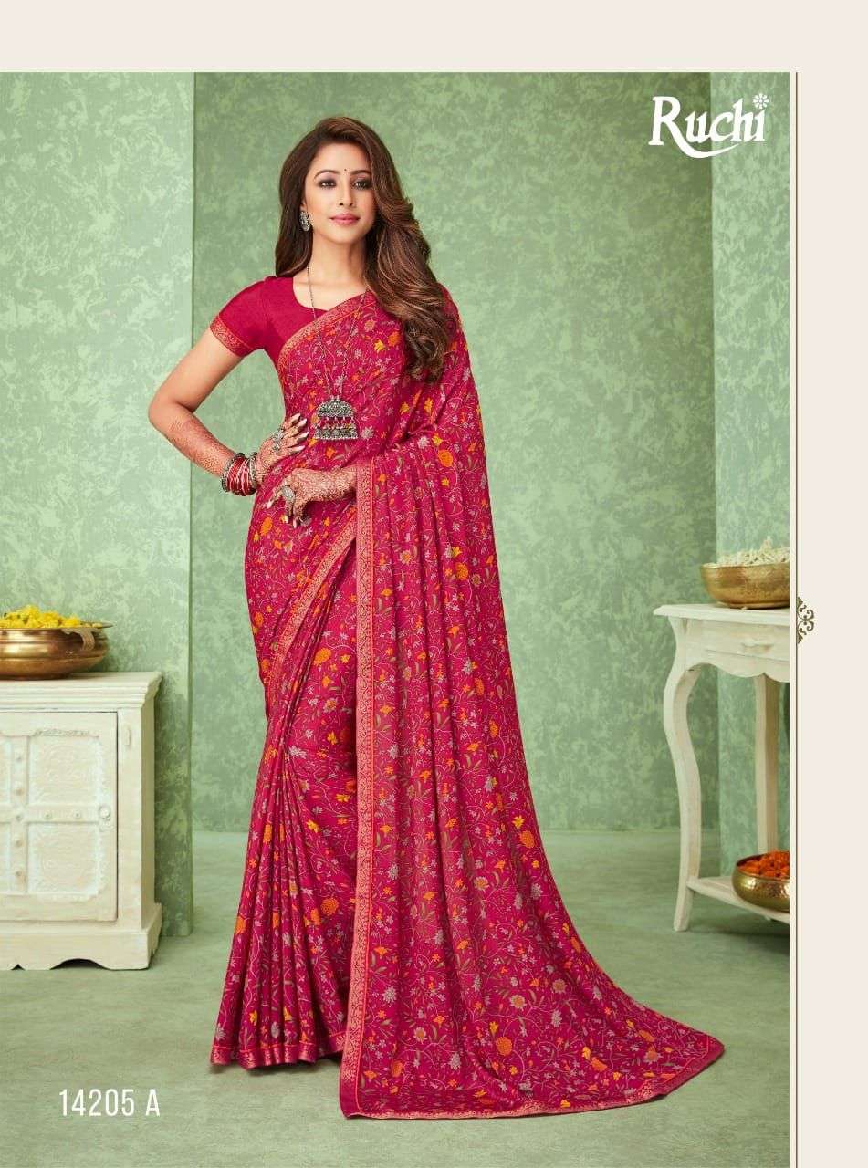 RAAGINI BY RUCHI SAREES 14201-A TO 14206-B SERIES INDIAN TRADITIONAL WEAR COLLECTION BEAUTIFUL STYLISH FANCY COLORFUL PARTY WEAR & OCCASIONAL WEAR SILK CREPE SAREES AT WHOLESALE PRICE