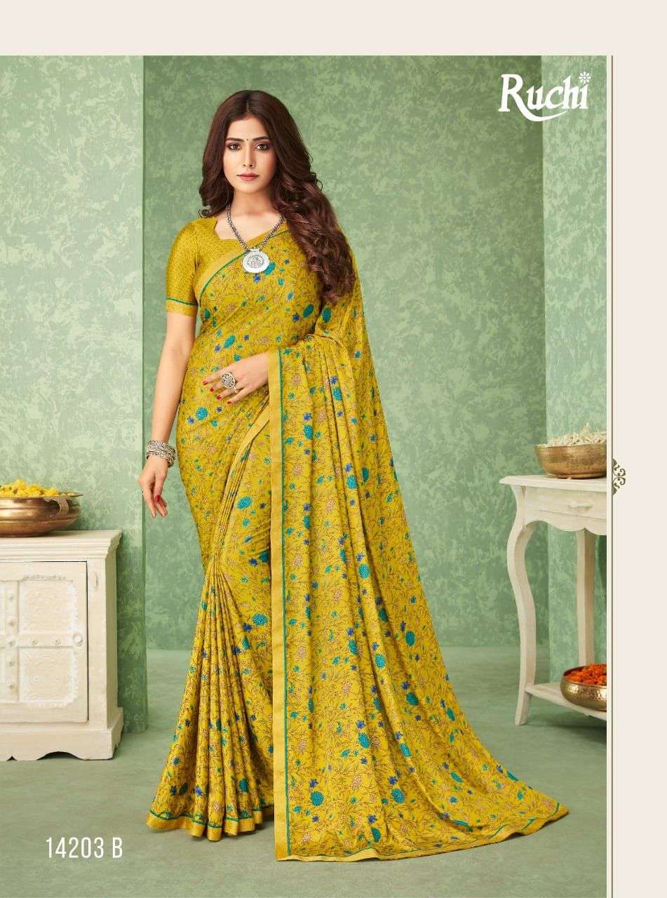 RAAGINI BY RUCHI SAREES 14201-A TO 14206-B SERIES INDIAN TRADITIONAL WEAR COLLECTION BEAUTIFUL STYLISH FANCY COLORFUL PARTY WEAR & OCCASIONAL WEAR SILK CREPE SAREES AT WHOLESALE PRICE